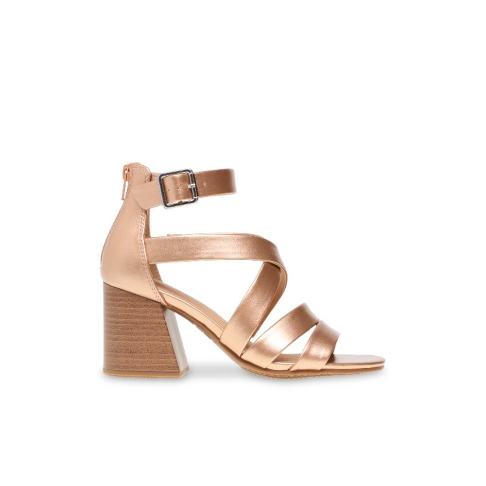 Rose gold strappy block heel sandal